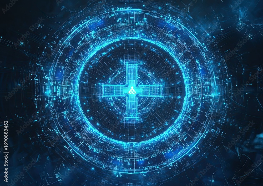 Poster futuristic technological interface with glowing blue circuit patterns and a central cross