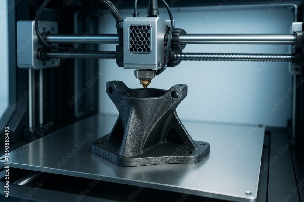 Poster industrial 3d printer creating a complex black plastic component on a metallic platform with a blue 