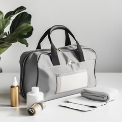 Minimalist Travel Essentials: A stylish, light grey bag stands surrounded by carefully arranged skincare and travel essentials. The serene composition suggests a modern.