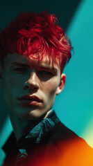 Young man with vibrant red hair and intense expression in dramatic lighting, wearing dark shirt against teal background, creating moody and artistic portrait