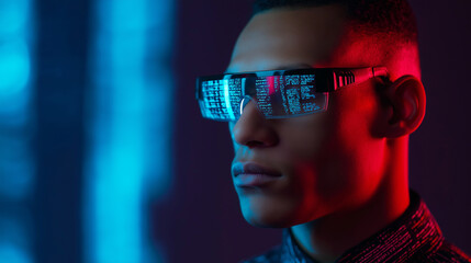 Futuristic man wearing AR glasses with digital code reflections in neon lighting.
