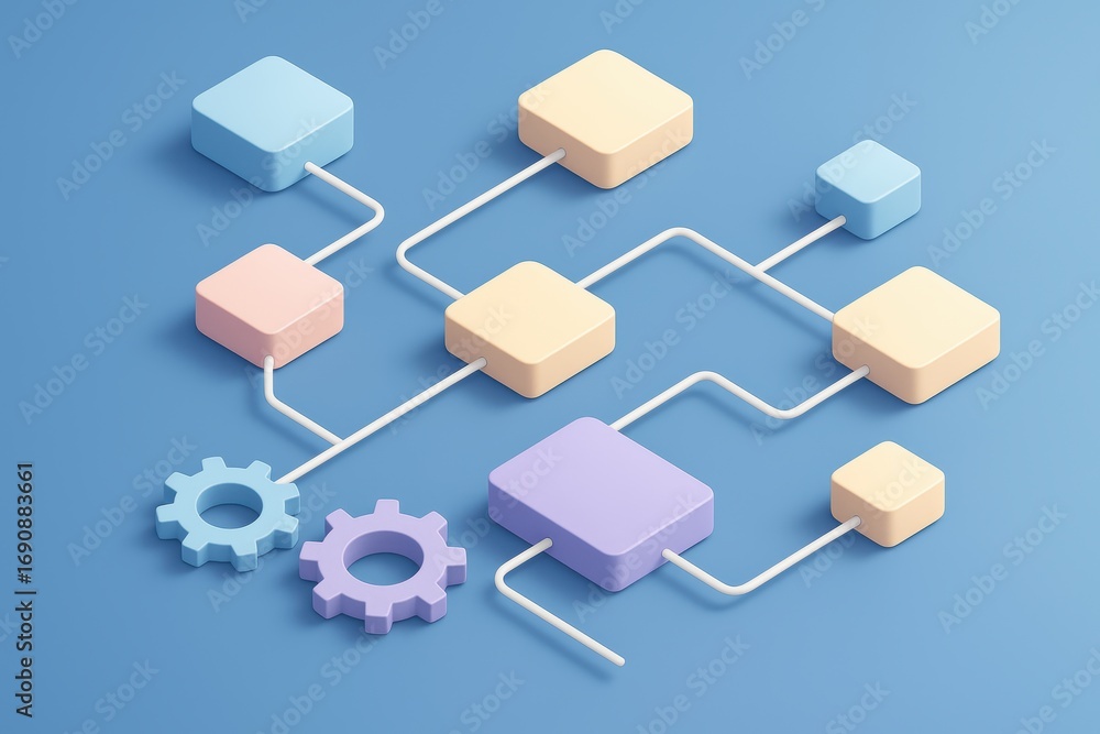 Poster data flow illustration: a visually compelling illustration of interconnected colorful blocks, repres