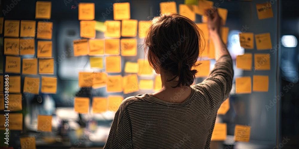 Poster individual analyzing visual project plans with sticky notes on wall in creative workspace