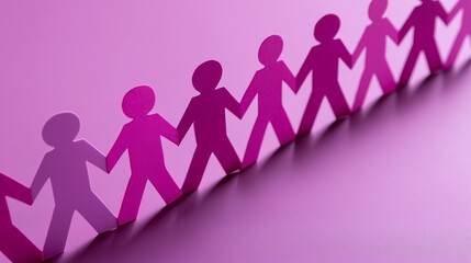 Row of paper cut-out people holding hands casting shadows on a pink background.
