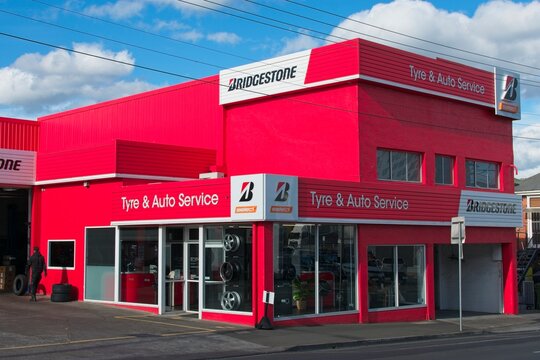General view of a Bridgestone car tyre retail store exterior and trademark logo sign on September 1, 2025 in Hobart, Tasmania, Australia.
