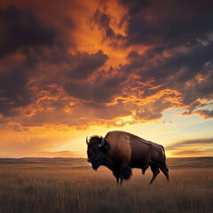 Majestic Bison and Sunset: Witness a lone bison silhouetted against a breathtaking sunset, its form a powerful symbol of the untamed wilderness. capturing the golden hour.