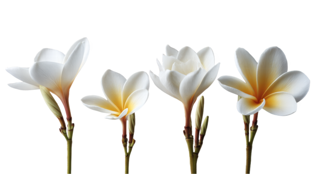 White Plumeria Flowers Different Blooming Stages Stems White Background Growth Process