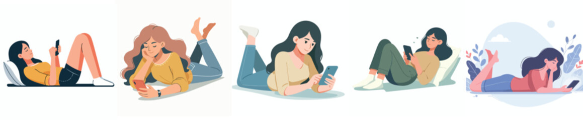 vector of a woman lying down relaxing facing a cellphone screen