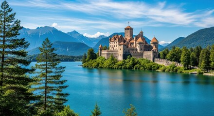 Serene Castle Lakeside Amidst Majestic Mountains and Lush Forests