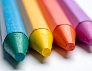 Close-up of four colorful crayons aligned in a row, showcasing blue, yellow, orange, and purple hues.