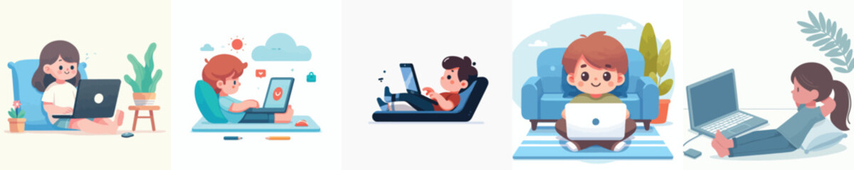 vector of a little boy lying down relaxing facing a laptop