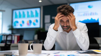 Frustrated businessman overwhelmed with data and reports in modern office environment.