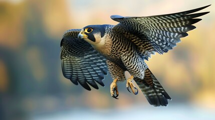 Fototapeta premium Peregrine falcon in midflight, wings spread wide, capturing the essence of its powerful and graceful movement against a blurred background