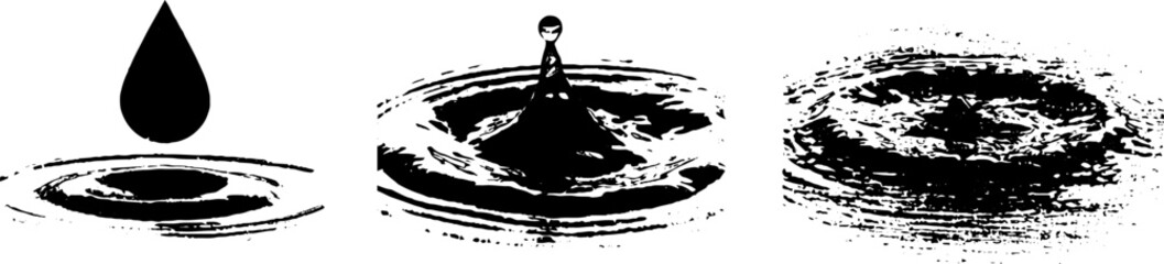 Naklejka premium Black and white grunge water droplet and ripple illustration set for design