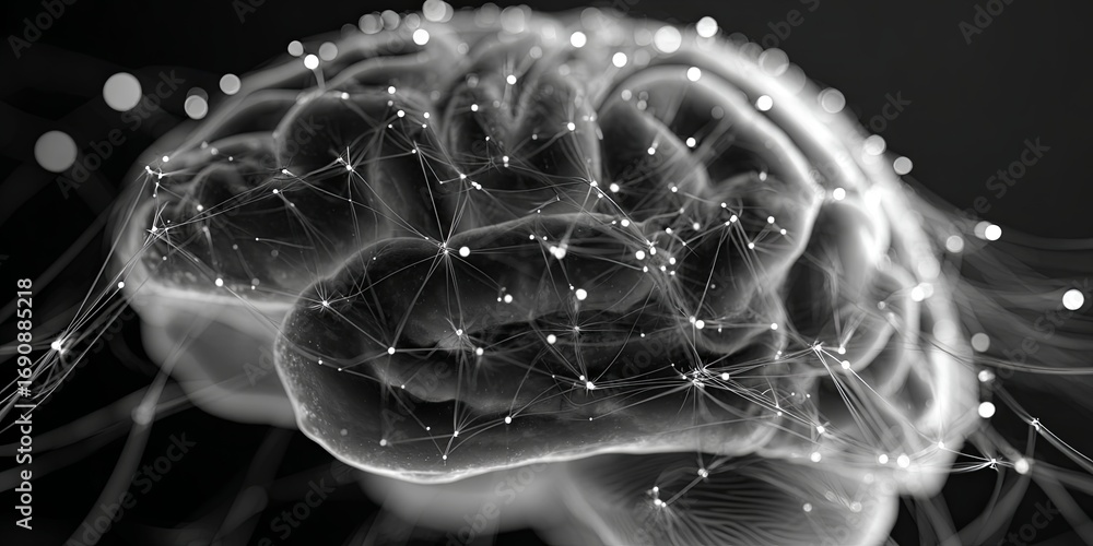 Poster detailed visualization of a human brain with neural connections represented in monochrome style
