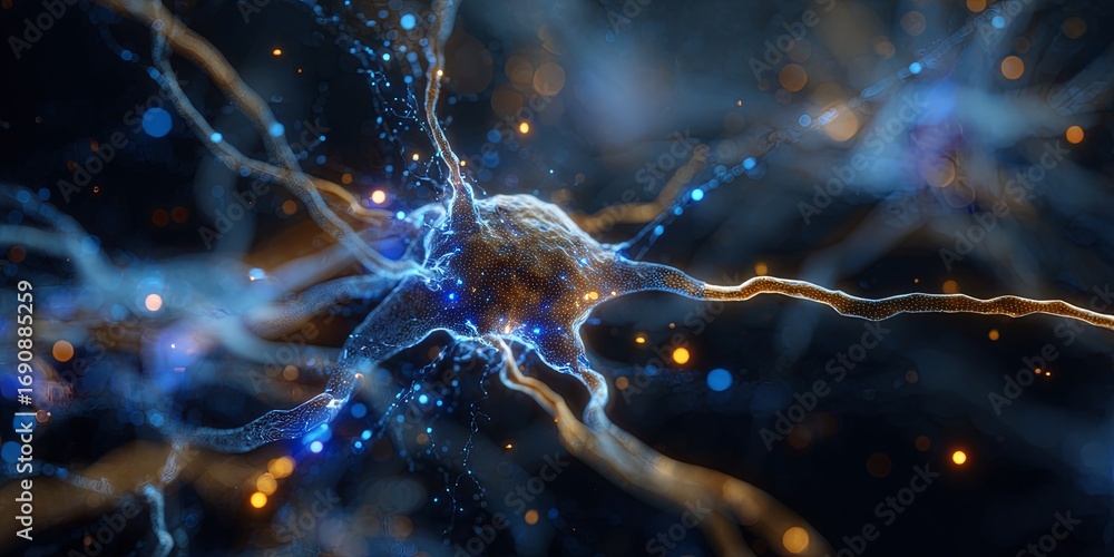 Poster abstract connection of glowing lines and particles resembling a brain with luminous threads and intr
