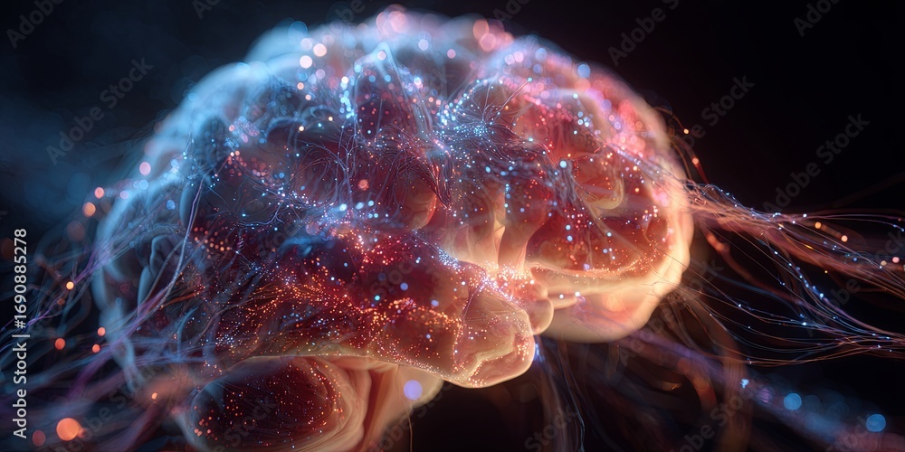 Poster intricate abstract representation of a human brain with colorful neural connections and ethereal glo