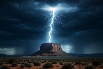 Powerful bolt of lightning striking desert mesa under dramatic stormy sky with glowing clouds and atmospheric light in dark landscape background. Ai generative