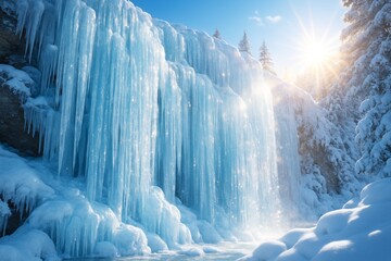 Frozen waterfall in winter forest with sparkling sunlight creating a magical icy landscape, perfect for creative background or seasonal design. Ai generative