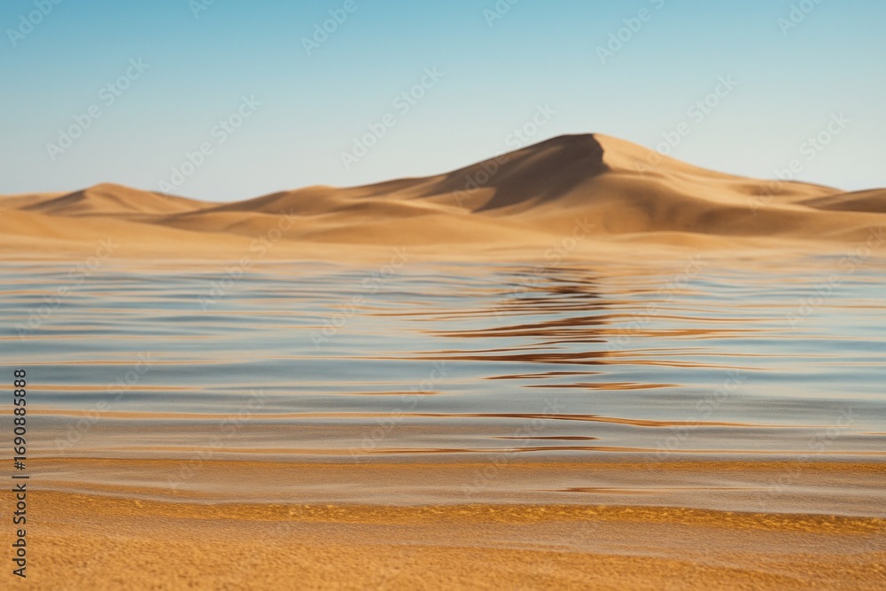 Poster surreal desert oasis with rippling water reflecting sand dunes under clear blue sky in soft light an