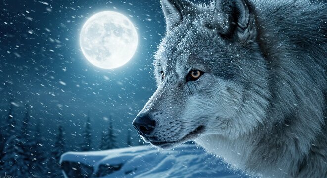 A detailed image of a wolfs head fur frosted with snow against a backdrop of a full moon and falling snow
