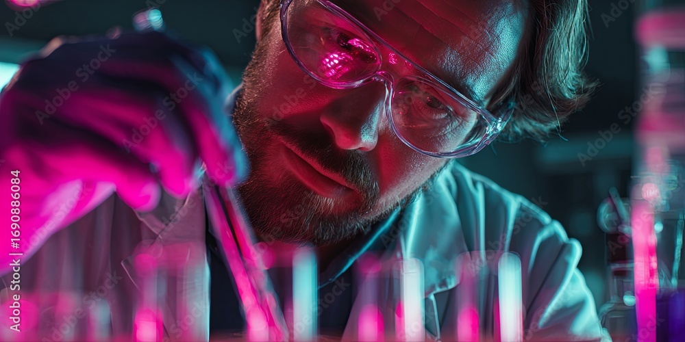 Poster scientist conducts experiment in modern laboratory environment with neon lighting and high-tech equi