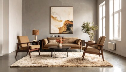 Modern living room with beige sofa, chairs, and rug