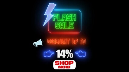 Flash sale neon banner with 14 percent discount, glowing shopping advertisement animation, modern ecommerce promo neon sign