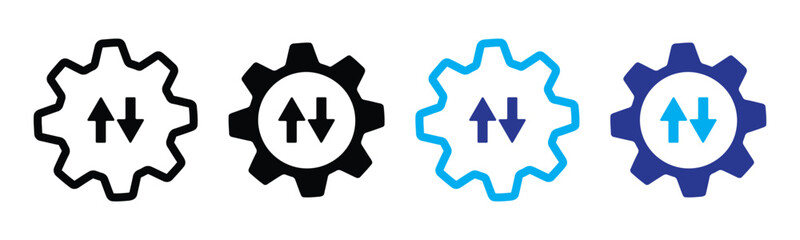 Four stylized gear like icons with up and down arrows isolated on transparent background