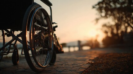 a wheelchair is parked on a sidewalk near a lake