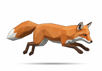 Fototapeta premium Low poly illustration of a red fox leaping forward with its tail extended, isolated on a white background.