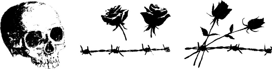 Grunge black and white skull with roses and barbed wire set for urban design