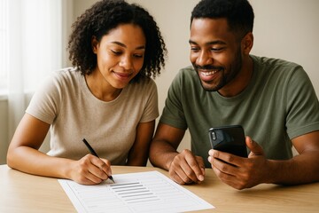 Smiling couple filling out paperwork together at home while using smartphone, sitting at wooden table in bright room with soft natural light. Ai generative