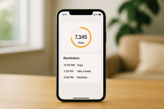 Smartphone displaying health app with step count and wellness reminders on wooden table in cozy indoor setting, promoting digital wellness lifestyle. Ai generative