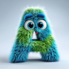 Fototapeta premium Cute fluffy 3D letter A character with big eyes and colorful fur in blue and green. This image is used for education, kids design, alphabet projects, games, learning tools, and creative art.