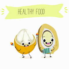 Platonia insignis, bacuri, funny characters, hand drawn vector illustration.