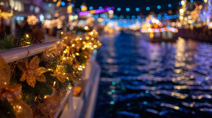 Golden Garland and Ornaments on Boat Railing with Sparkling Christmas Lights During Winterfest Boat Parade by Waterfront at Night