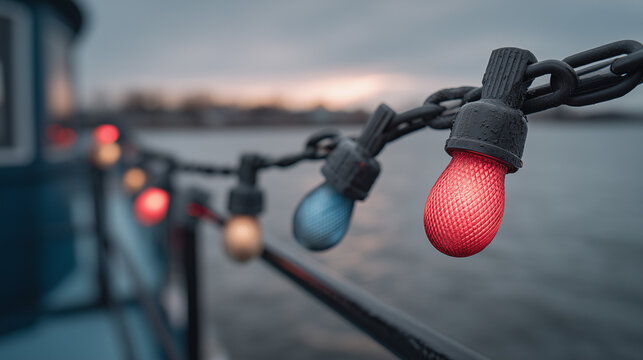 Colorful Holiday String Lights on Boat Rail During Winterfest Boat Parade Celebration on Waterfront at Sunset with Festive Atmosphere