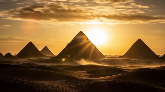 Iconic great pyramids of giza stand against the deserts glowing sunset backdrop. Perfect for travel brochures, website banners, and cultural presentations.