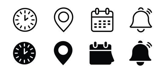 Set of eight clock map pin calendar and bell icons isolated on transparent background