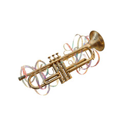 Obraz premium Golden Trumpet with Festive Confetti Trails - Musical Instrument Stock Photo