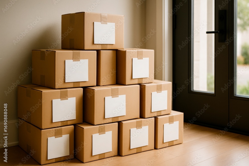 Poster stack of cardboard boxes with blank labels placed indoors near a door, ideal for packaging design mo