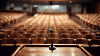 Empty auditorium with podium and microphone