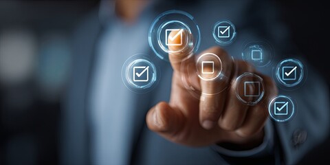 Fototapeta premium Business Professional Engaging in Quality Assurance with Modern Digital Interface and Icons for Assessment and Improvement