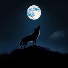 Moonlit Serenade: A lone wolf stands silhouetted against a brilliant full moon, its head thrown back in a haunting howl, painted across a starlit canvas. Evoking the primal connection with nature.