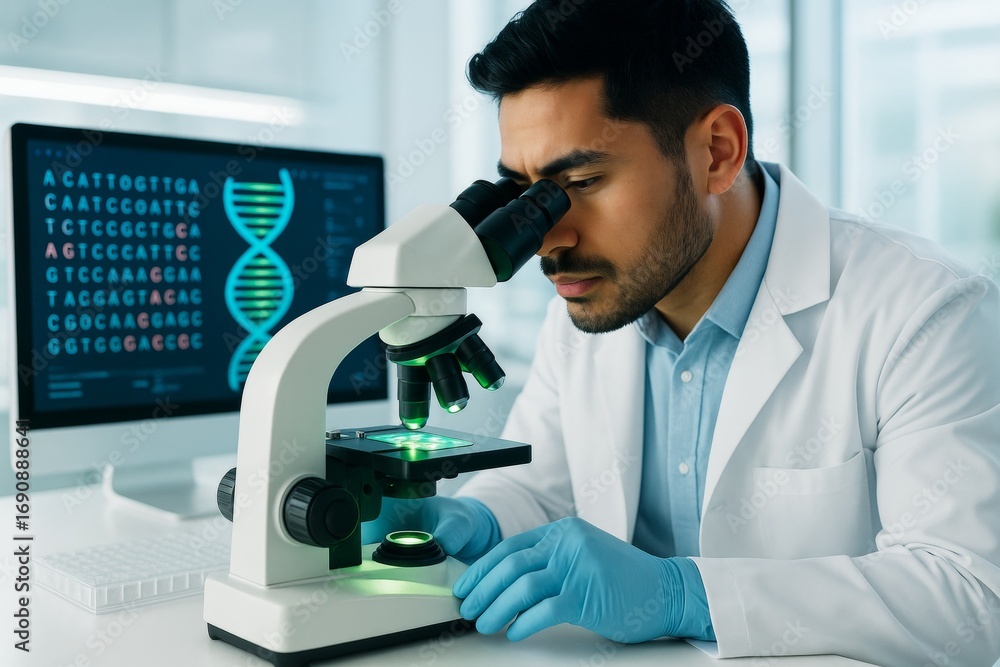 Poster scientist analyzing sample under microscope in modern lab with dna sequencing data on monitor in bac