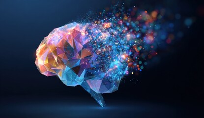 Abstract polygonal brain, vibrant colors, digital elements