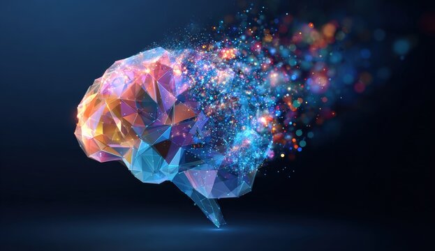 Abstract polygonal brain, vibrant colors, digital elements