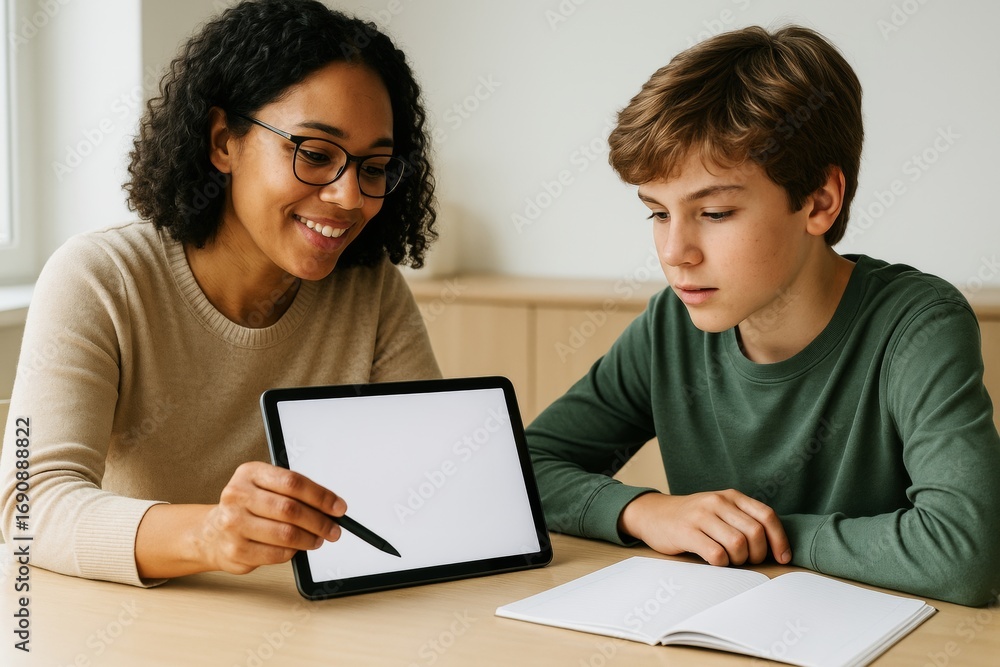 Poster smiling woman showing blank tablet screen to focused boy during learning session at table with noteb