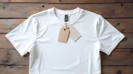 Two light colored tags on a blank white shirt placed on a wooden table.